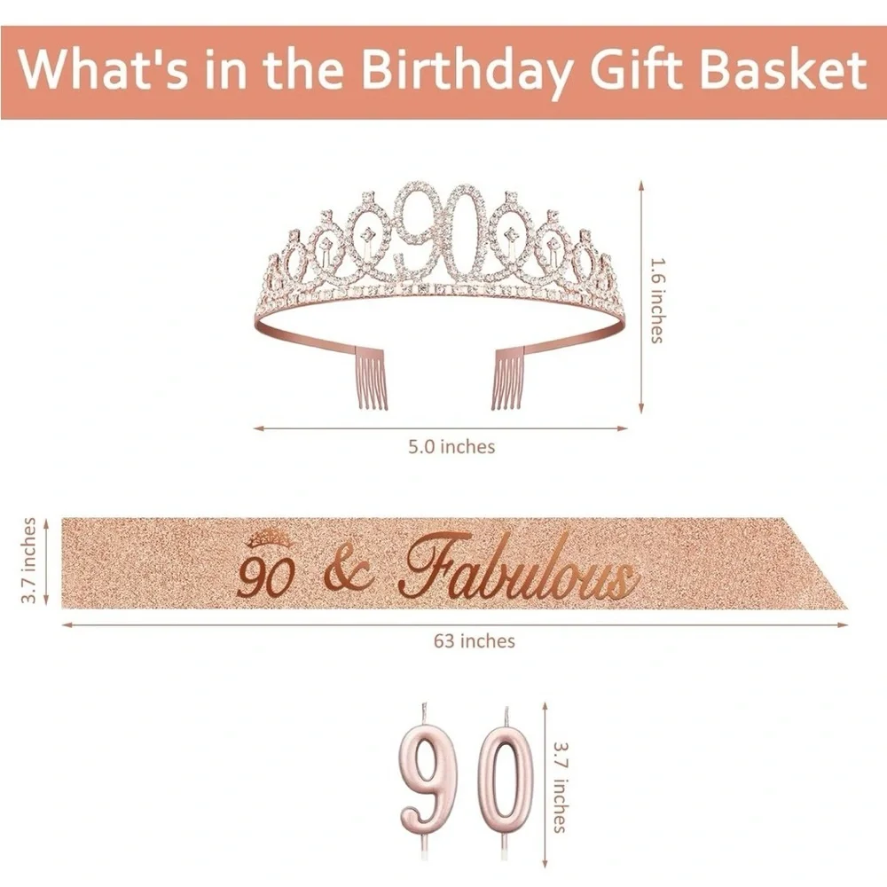 ✨ Rose Gold 90th Birthday Celebration Set – Tiara, Sash & Candles – Perfect Gift